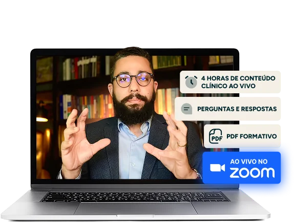Mockup computador | 4 horas de conteúdo clínico ao vivo | perguntas e respostas | PDF Formativo | AO VIVO NO ZOOM